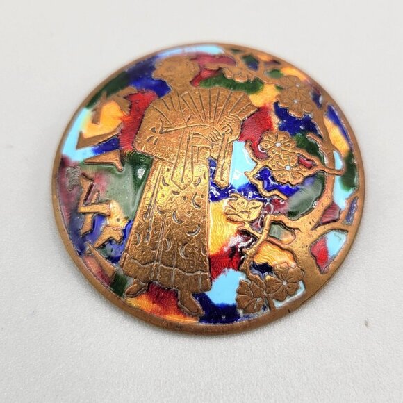 Antique Champleve Brooch Asian Geisha Enamel Copper Round Metal C Clasp - Picture 2 of 4